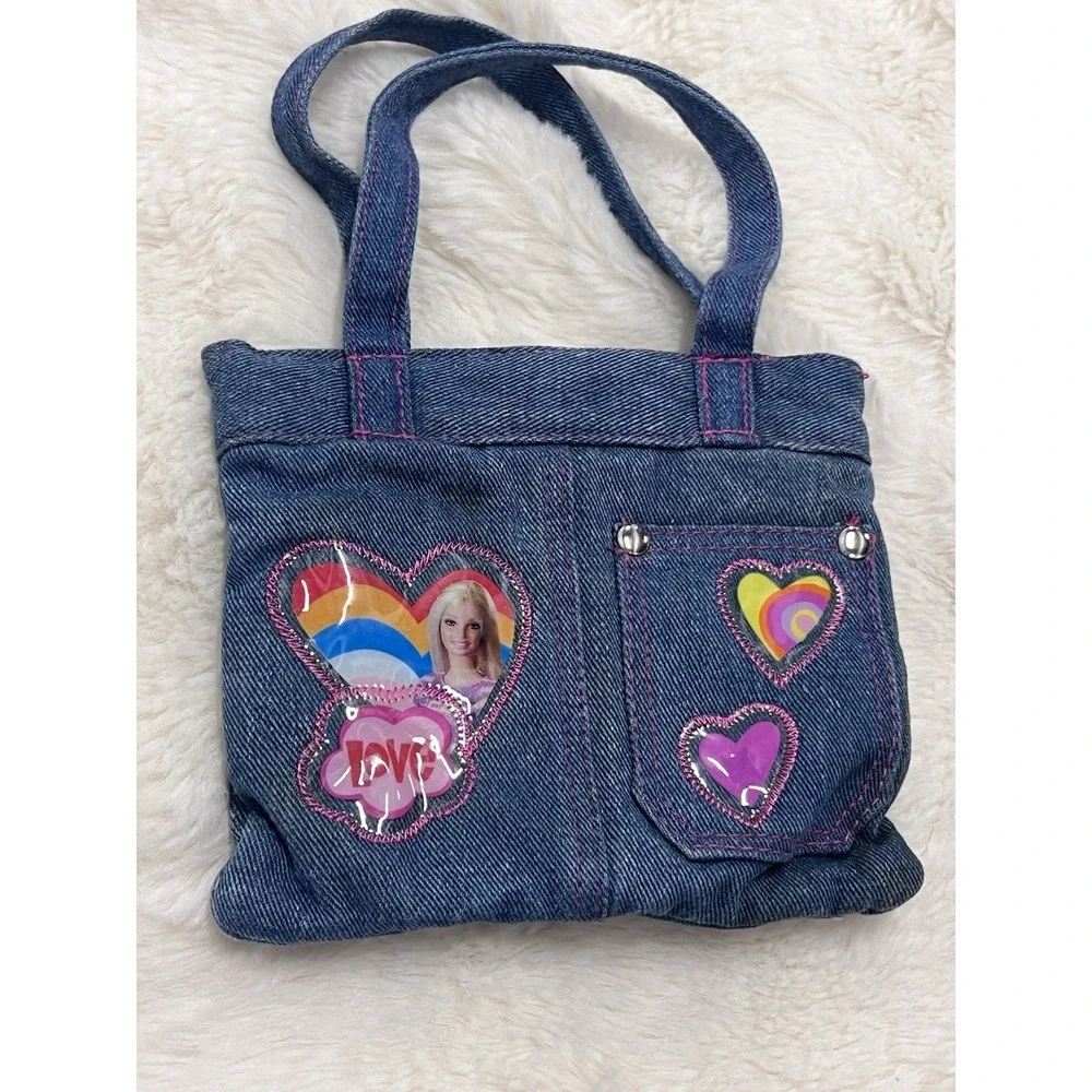 Y2K Barbie Kids Crossbody Bag Vtg 2002 Denim Pockets Patches Tote Girls